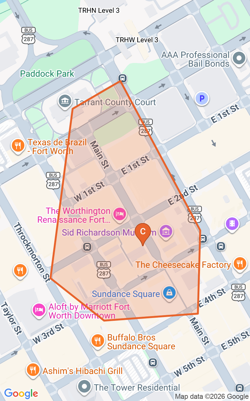 Map of the Sundance Square game zone in Fort Worth