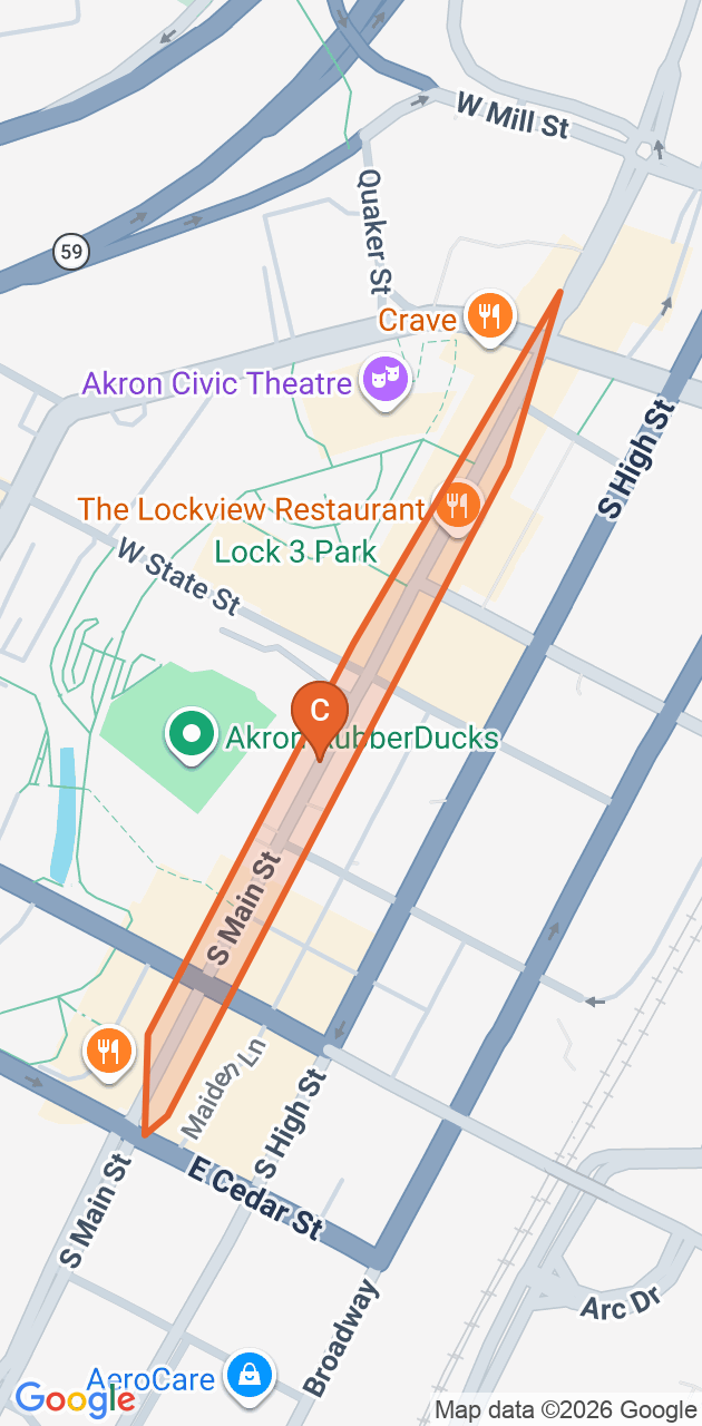Map of the Downtown Akron game zone in Akron
