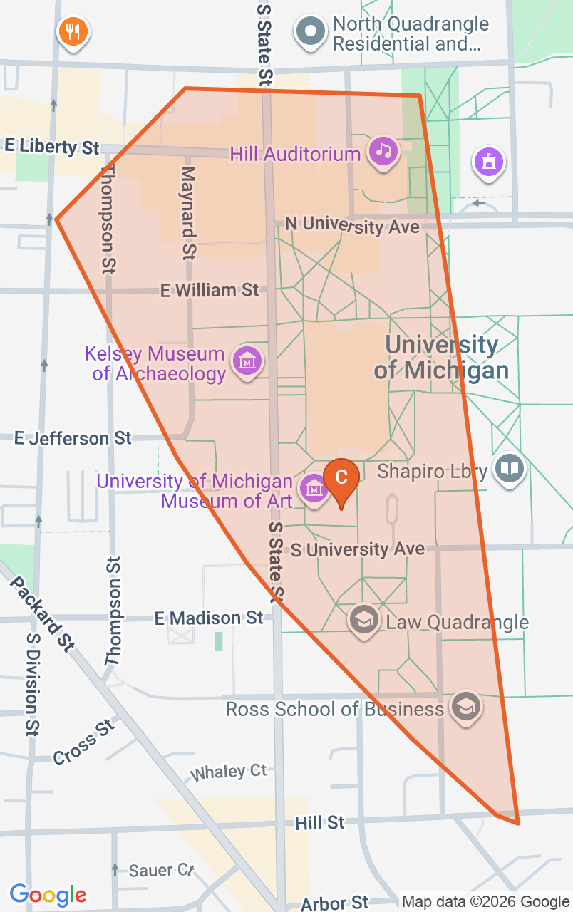 Map of the Downtown State Street game zone in Ann Arbor