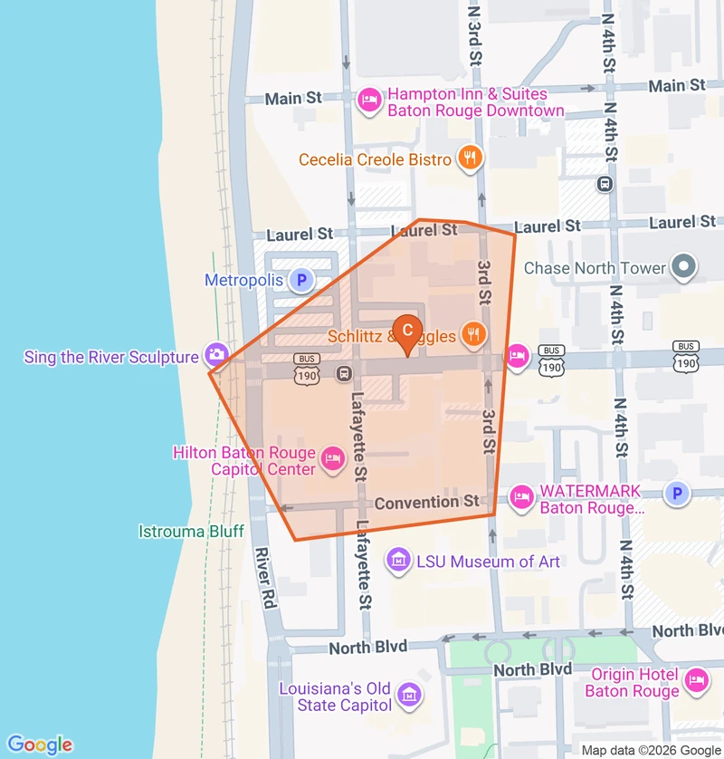 Map of the Downtown Baton Rouge game zone in Baton Rouge