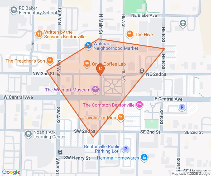 Map of the Downtown Bentonville game zone in Bentonville