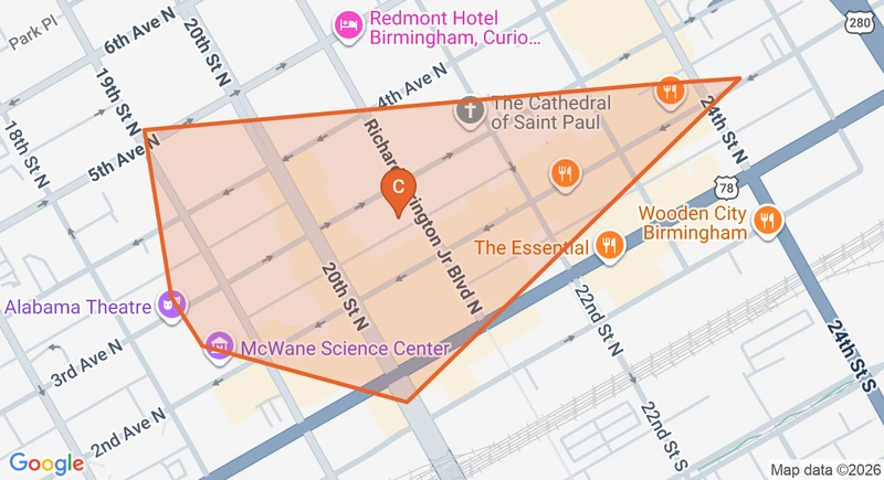 Map of the Downtown Birmingham game zone in Birmingham
