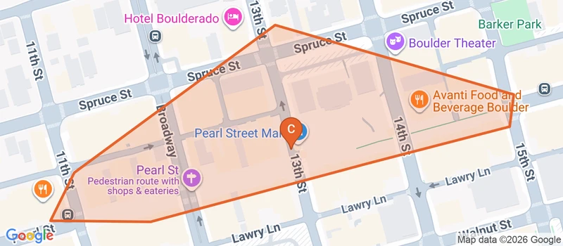 Map of the Downtown Pearl Street game zone in Boulder