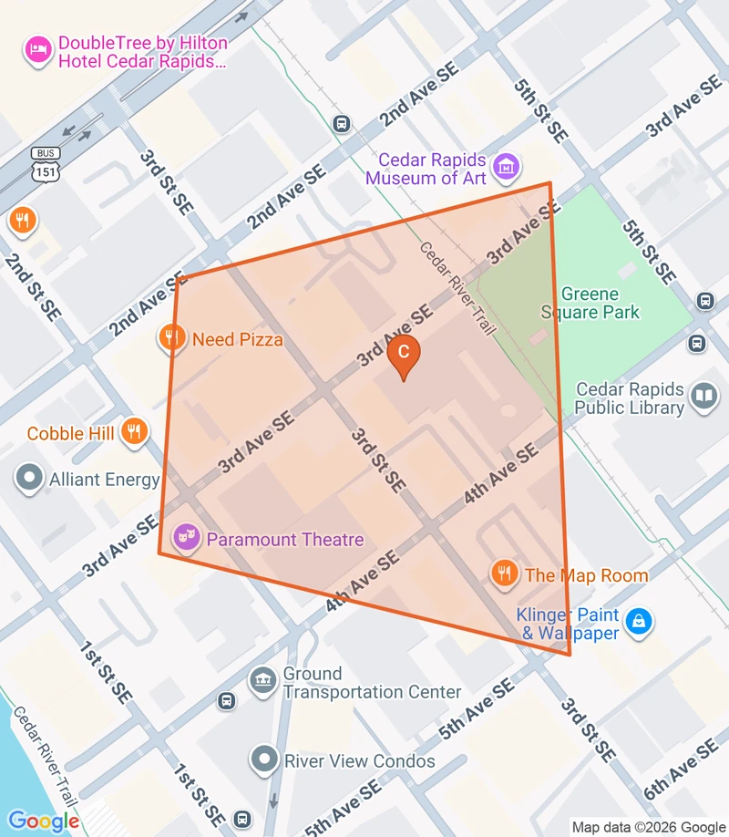 Map of the Downtown Cedar Rapids game zone in Cedar Rapids