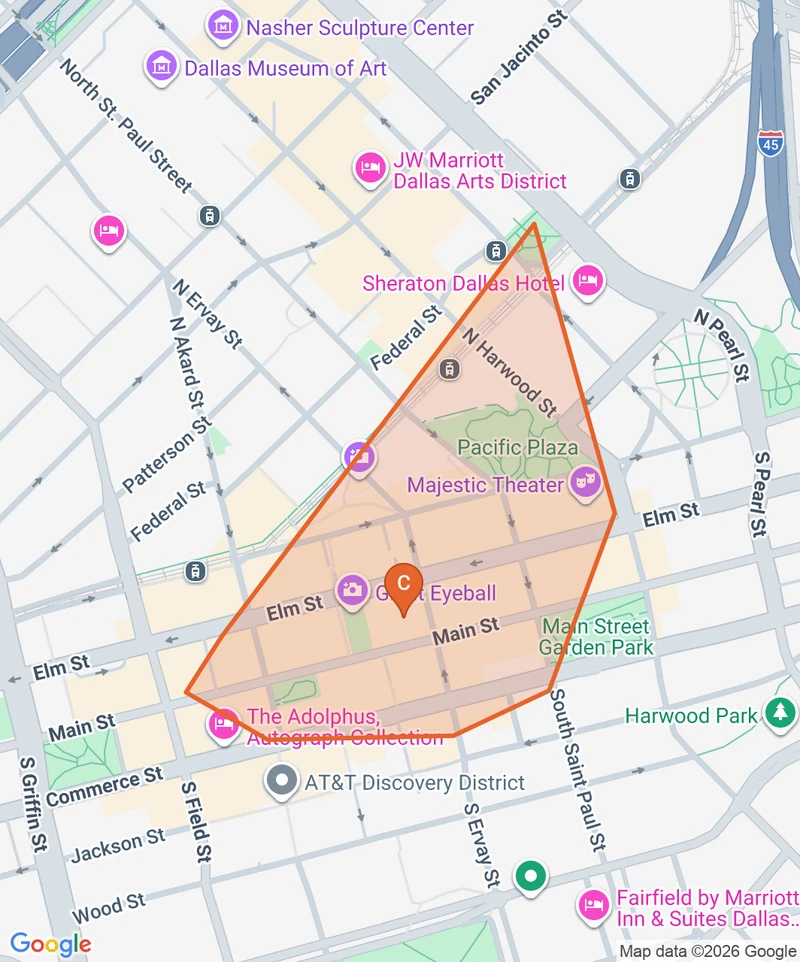 Map of the Downtown Dallas/West End game zone in Dallas