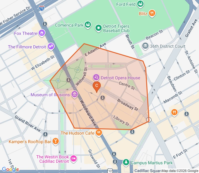 Map of the Downtown Detroit game zone in Detroit