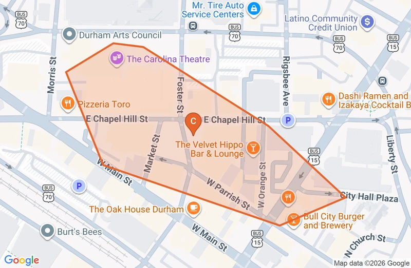 Map of the Downtown Durham game zone in Durham