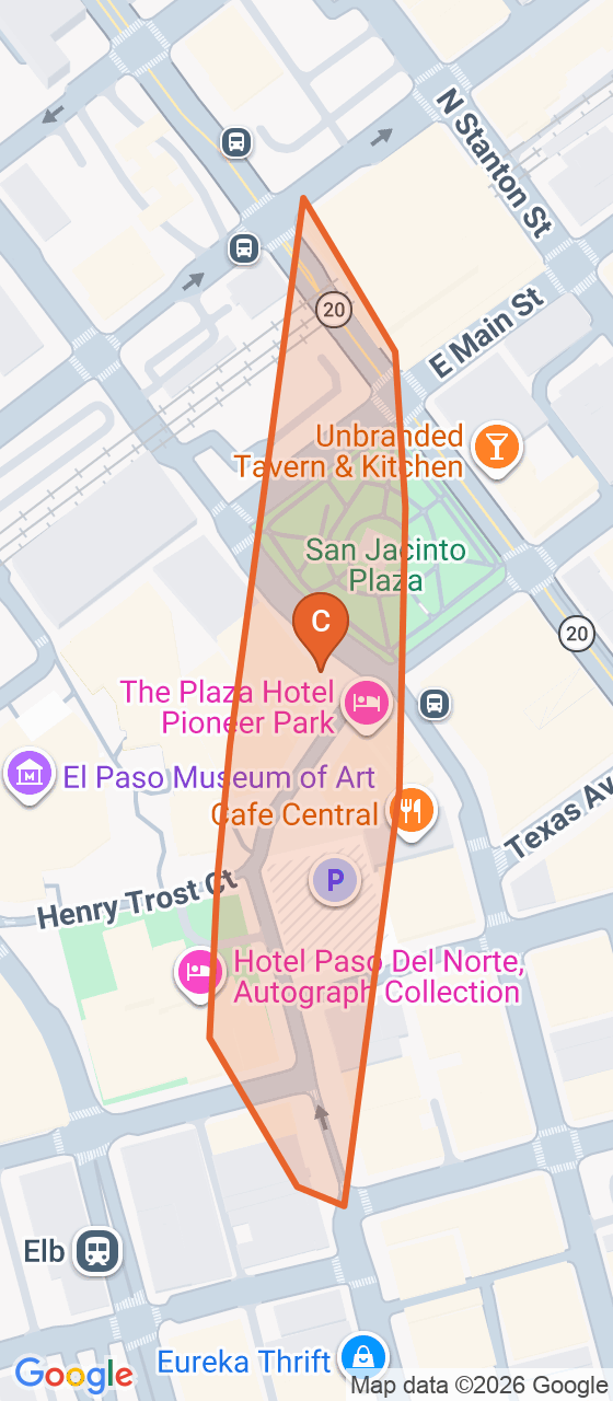 Map of the San Jacinto Plaza game zone in El Paso
