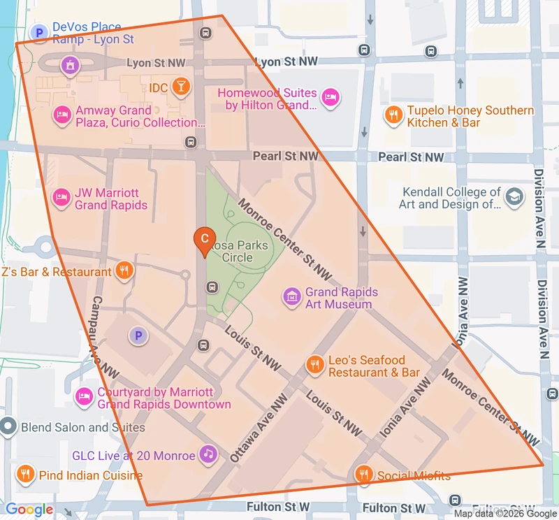 Map of the Downtown Grand Rapids game zone in Grand Rapids