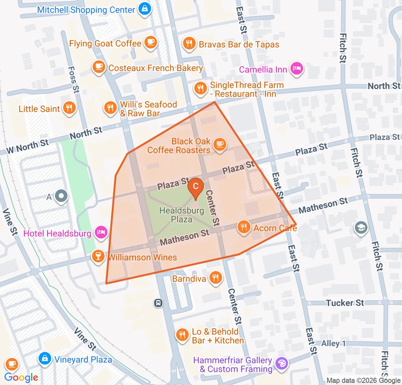 Map of the Healdsburg Plaza game zone in Healdsburg