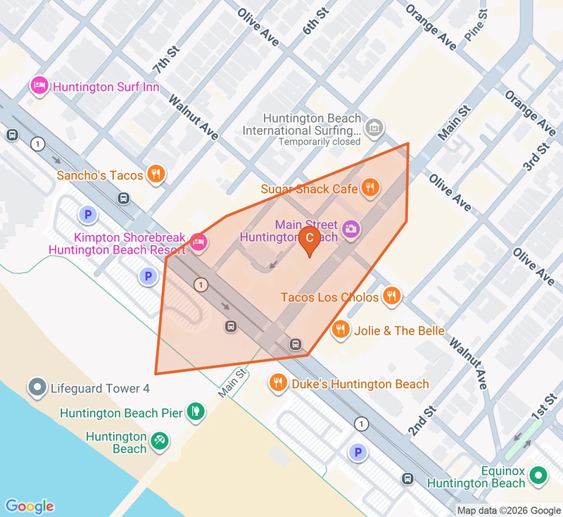 Map of the Huntington Beach game zone in Orange County