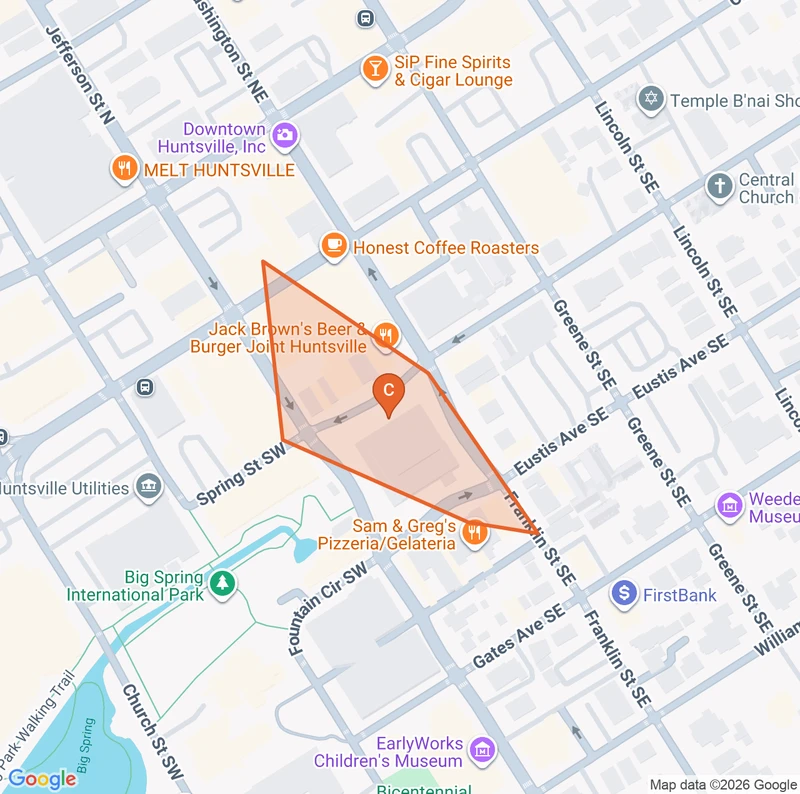 Map of the Downtown Huntsville game zone in Huntsville