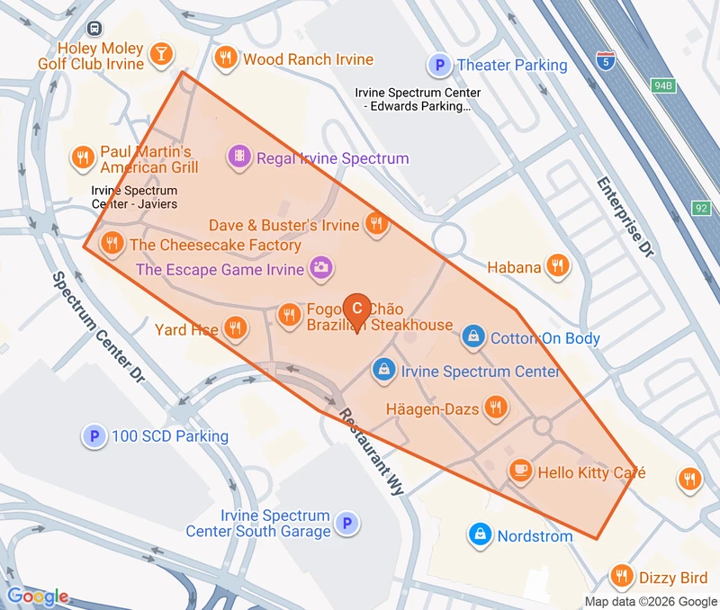 Map of the Irvine Spectrum Center game zone in Orange County
