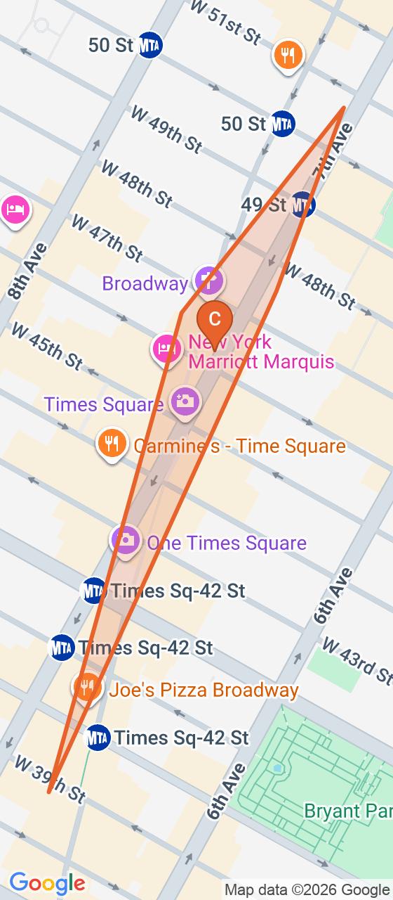 Map of the Times Square & Theater District game zone in New York City