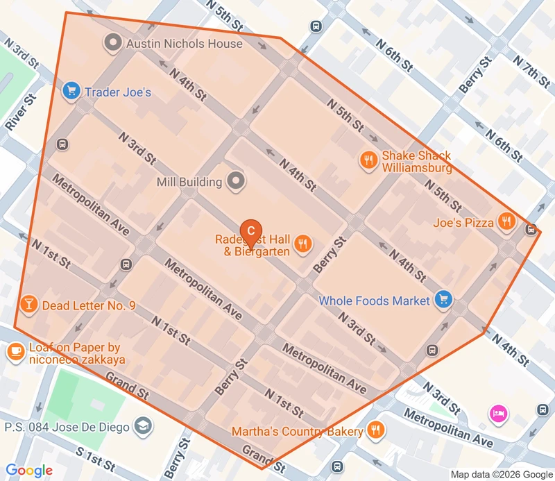 Map of the Williamsburg game zone in New York City