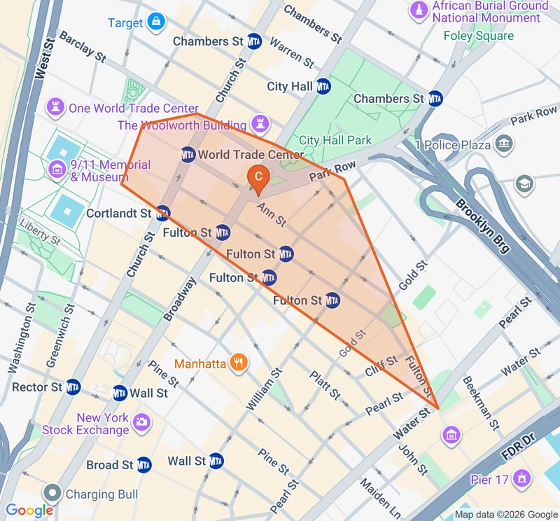 Map of the Financial District & Wall Street game zone in New York City