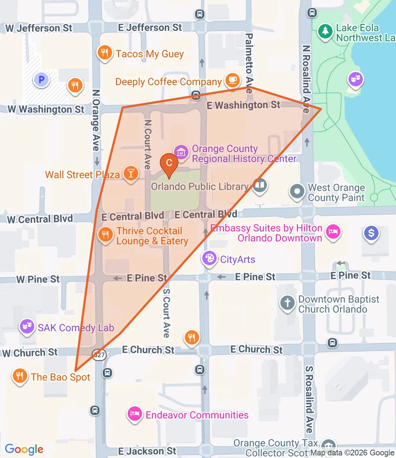 Map of the Lake Eola and Downtown game zone in Orlando