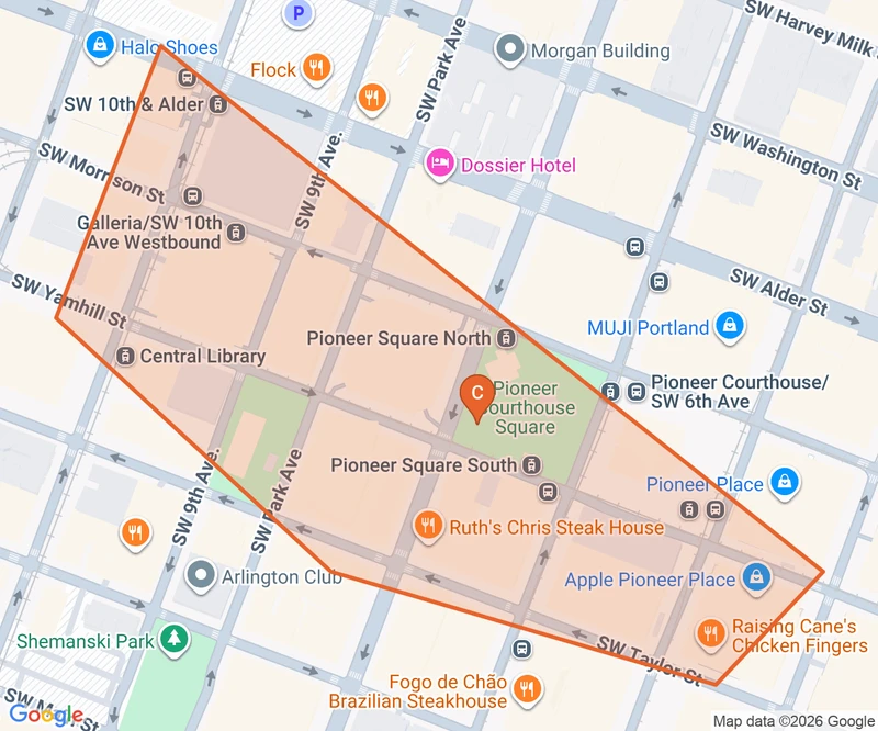 Map of the Downtown Portland & Pioneer Square game zone in Portland