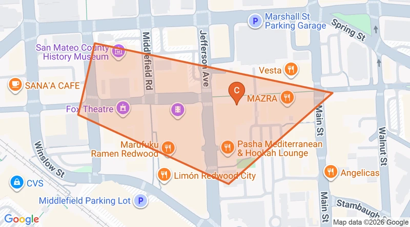 Map of the Redwood City Theatre Disctrict game zone in Redwood City
