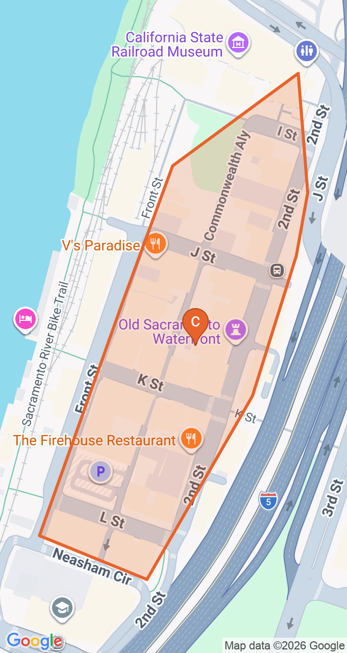 Map of the Old Town Sacramento game zone in Sacramento