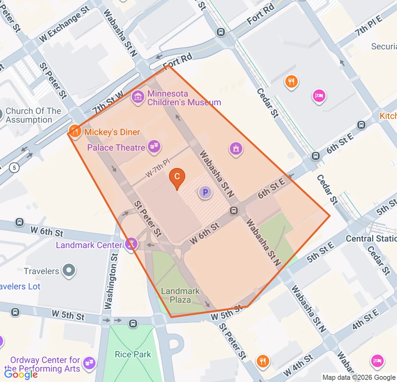 Map of the Downtown St. Paul game zone in Saint Paul