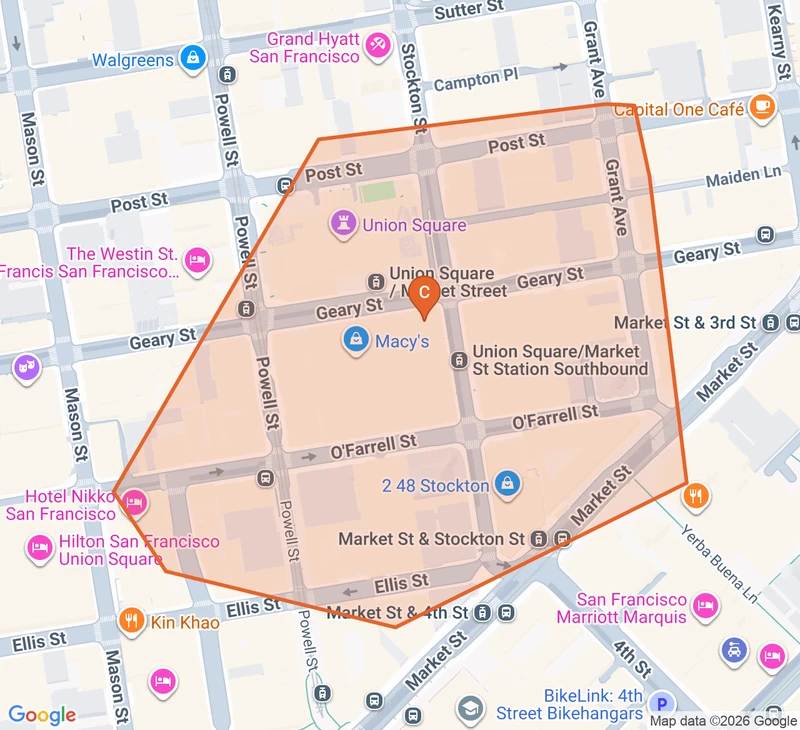 Map of the Union Square game zone in San Francisco