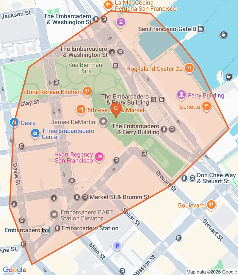 Map of the Embarcadero game zone in San Francisco