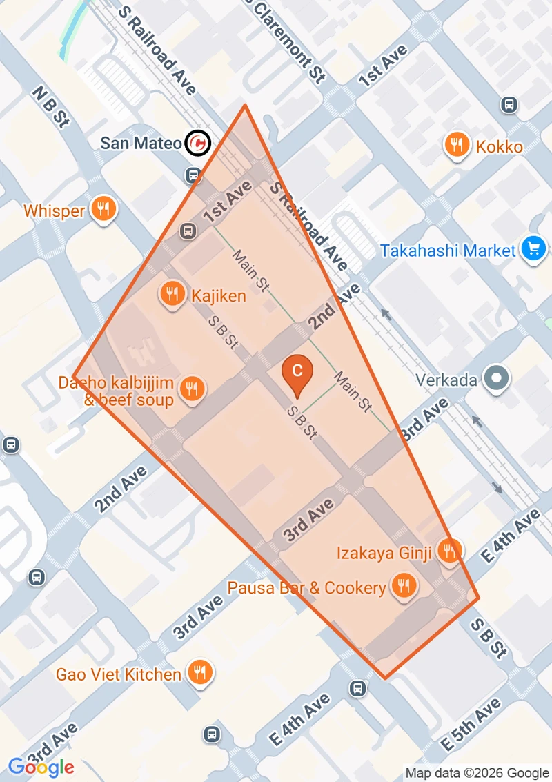Map of the Downtown San Mateo game zone in San Mateo