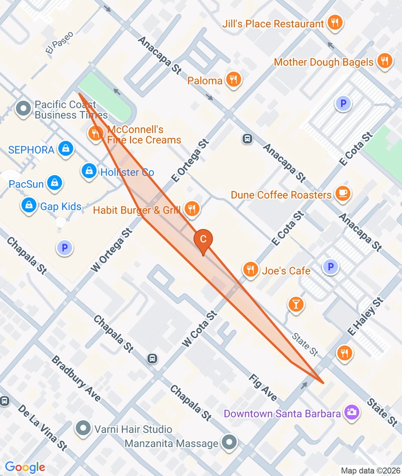 Map of the State Street game zone in Santa Barbara