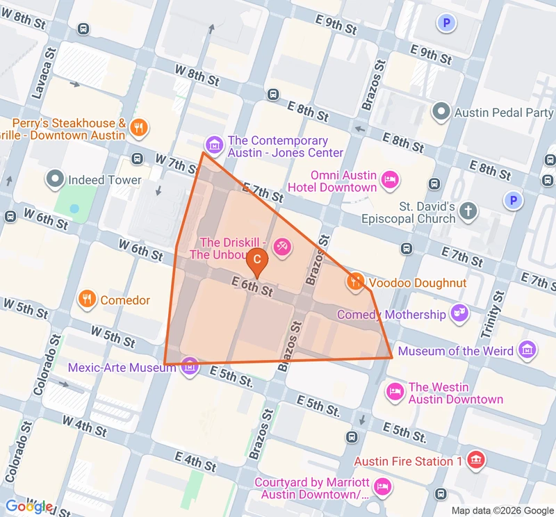 Map of the Downtown/6th Street game zone in Austin