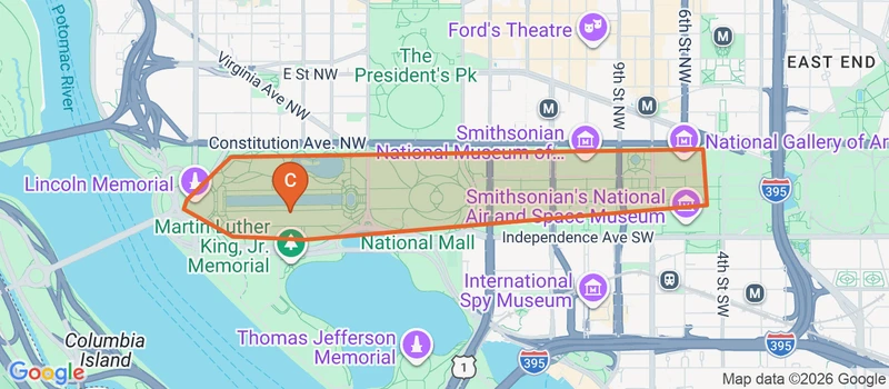 Map of the National Mall game zone in Washington DC