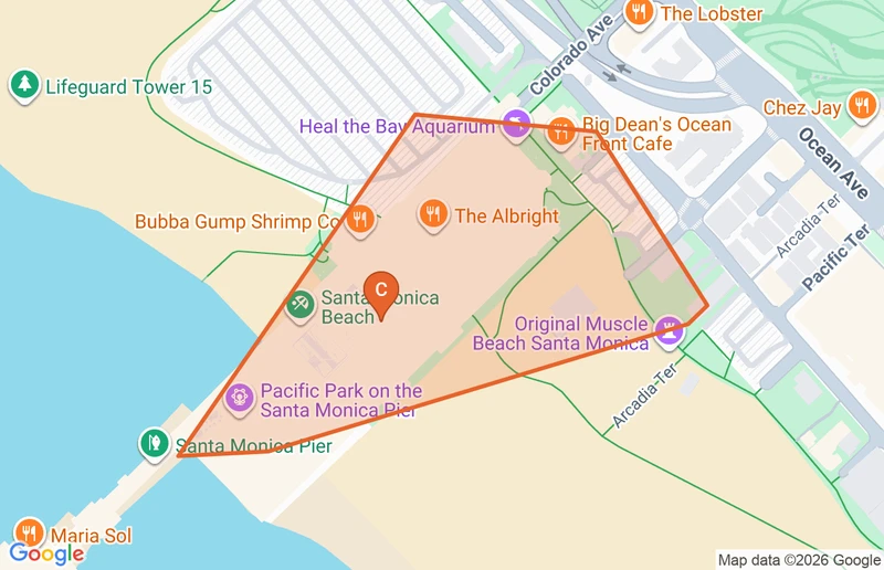 Map of the Santa Monica Pier game zone in Los Angeles