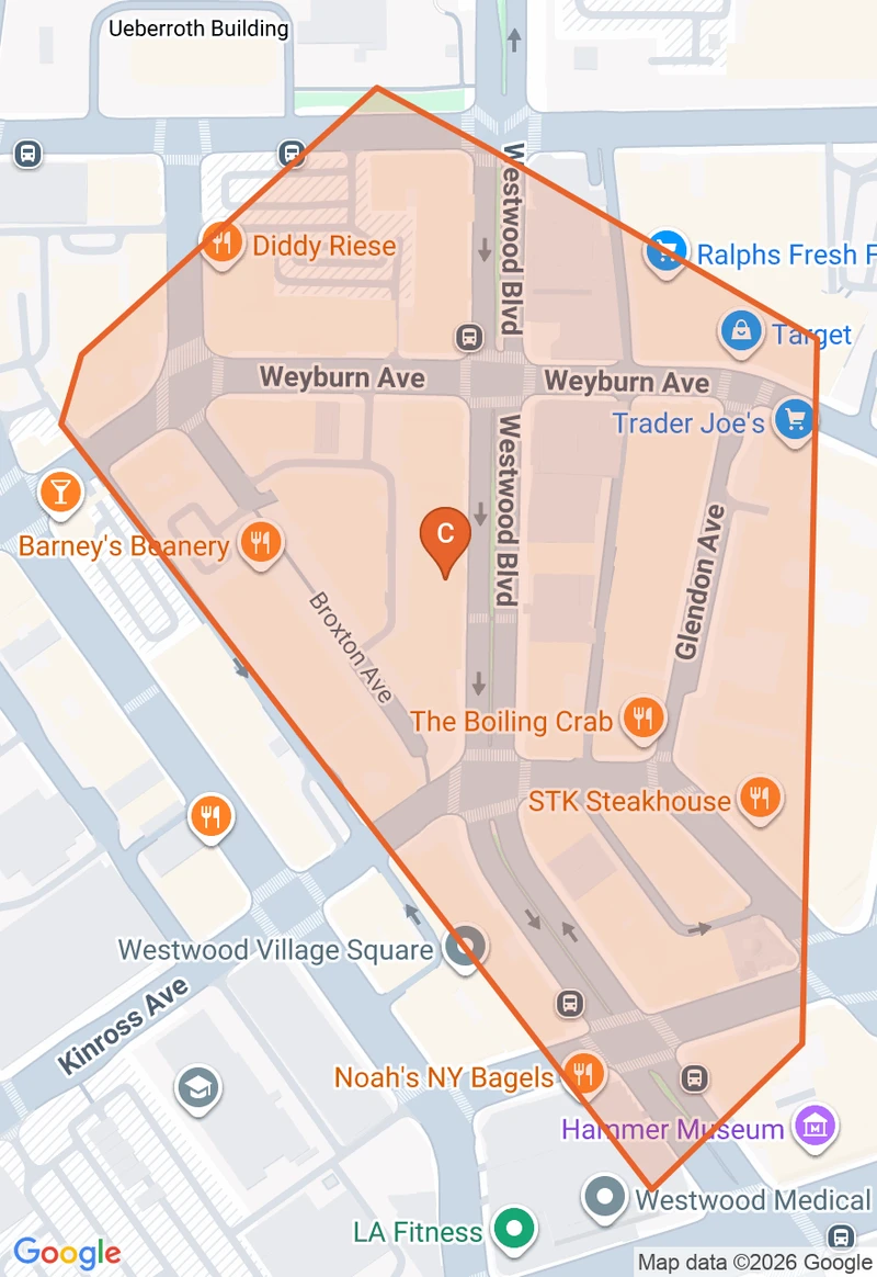 Map of the Westwood Village game zone in Los Angeles