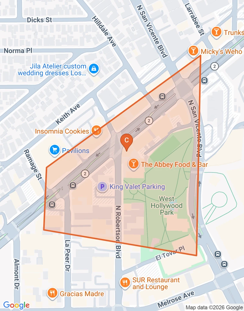 Map of the West Hollywood/Santa Monica Blvd game zone in Los Angeles