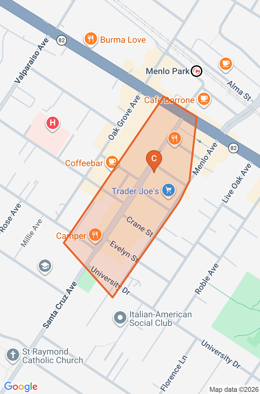 Map of the Downtown Menlo Park game zone in Menlo Park