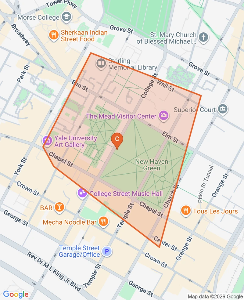 Map of the New Haven Green game zone in New Haven