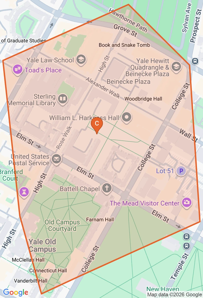 Map of the Yale University game zone in New Haven