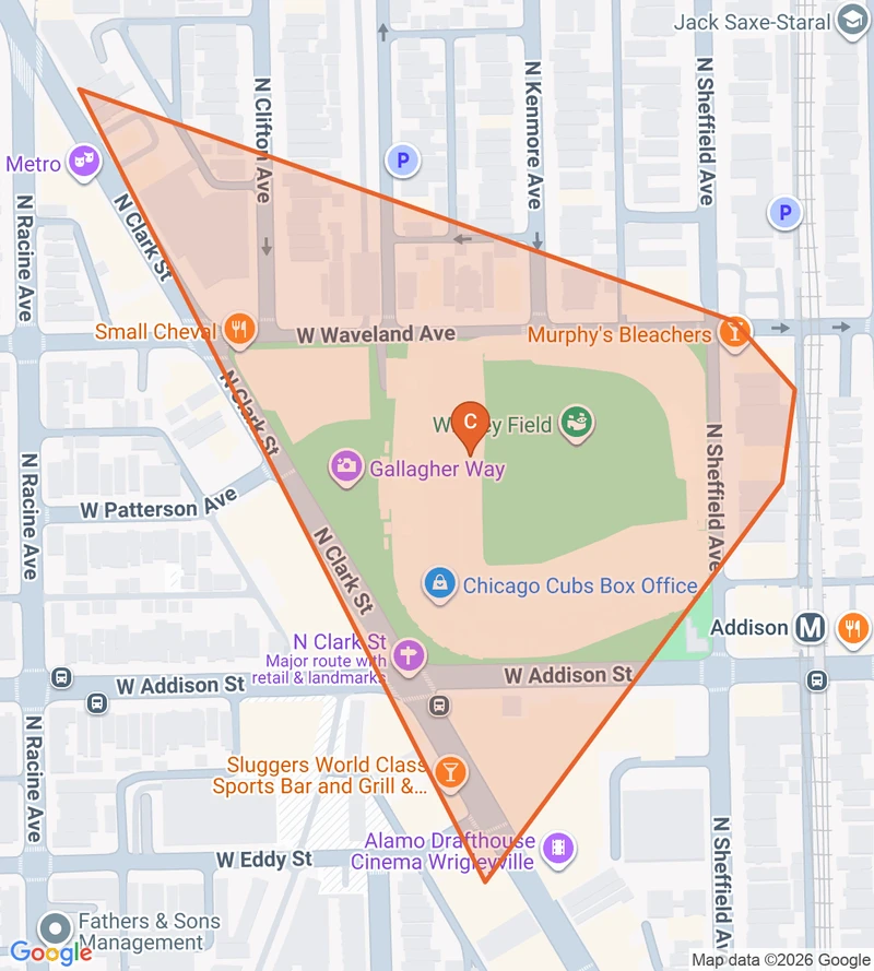 Map of the Wrigleyville game zone in Chicago