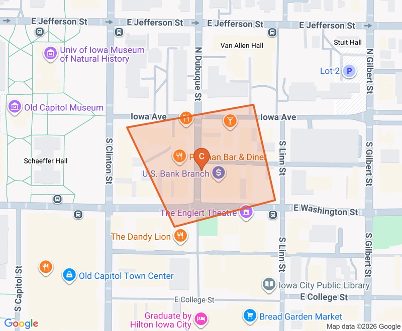 Map of the Downtown Iowa City game zone in Iowa City