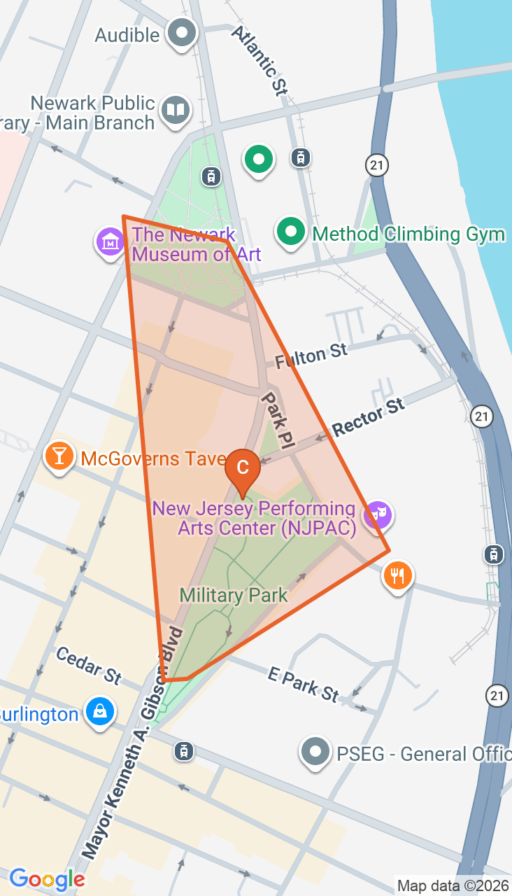 Map of the Downtown Newark & NJPAC game zone in Newark