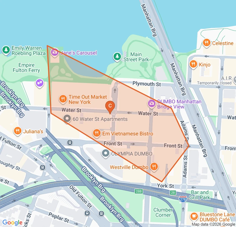 Map of the DUMBO game zone in New York City