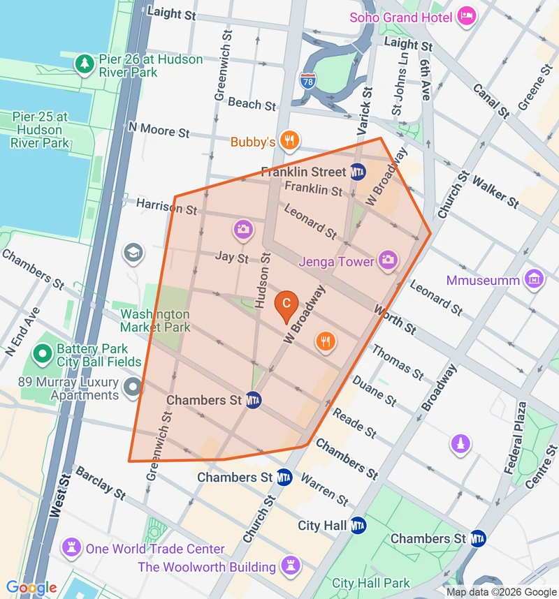 Map of the Tribeca game zone in New York City
