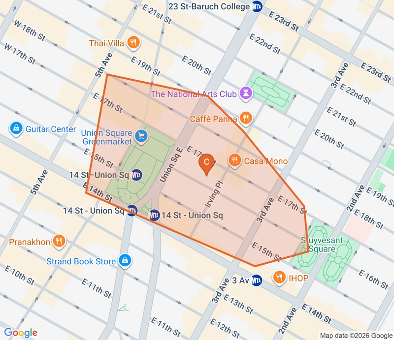 Map of the Union Square game zone in New York City