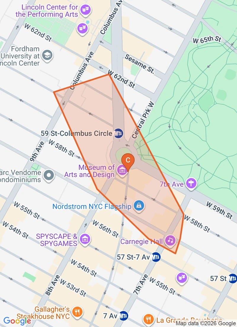 Map of the Columbus Circle game zone in New York City