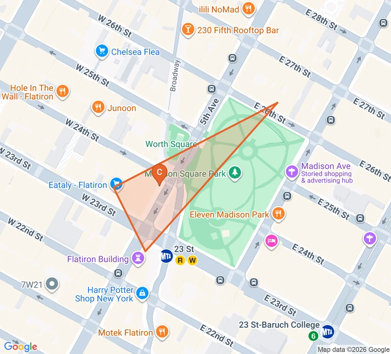 Map of the Flatiron & Madison Square Park game zone in New York City