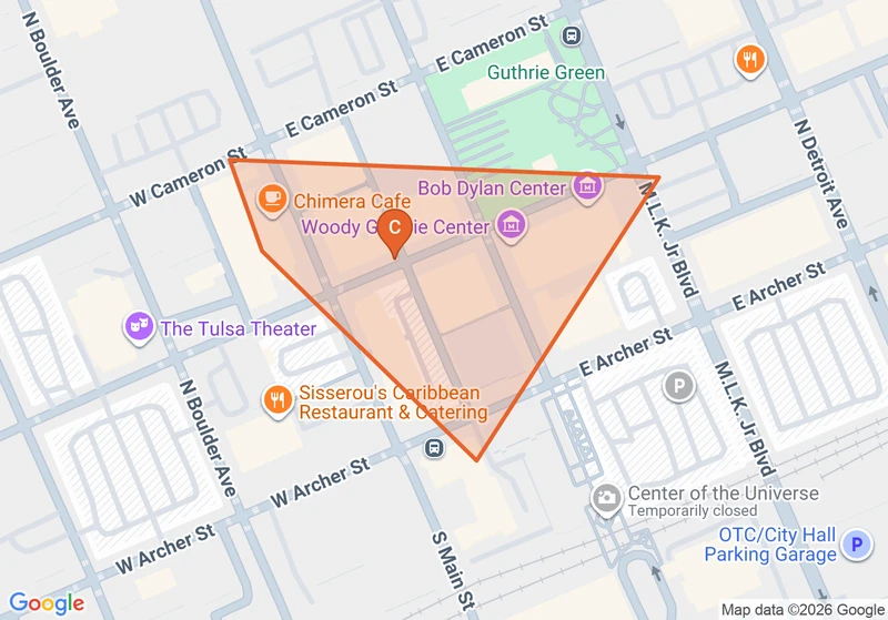Map of the Brady Arts District game zone in Tulsa