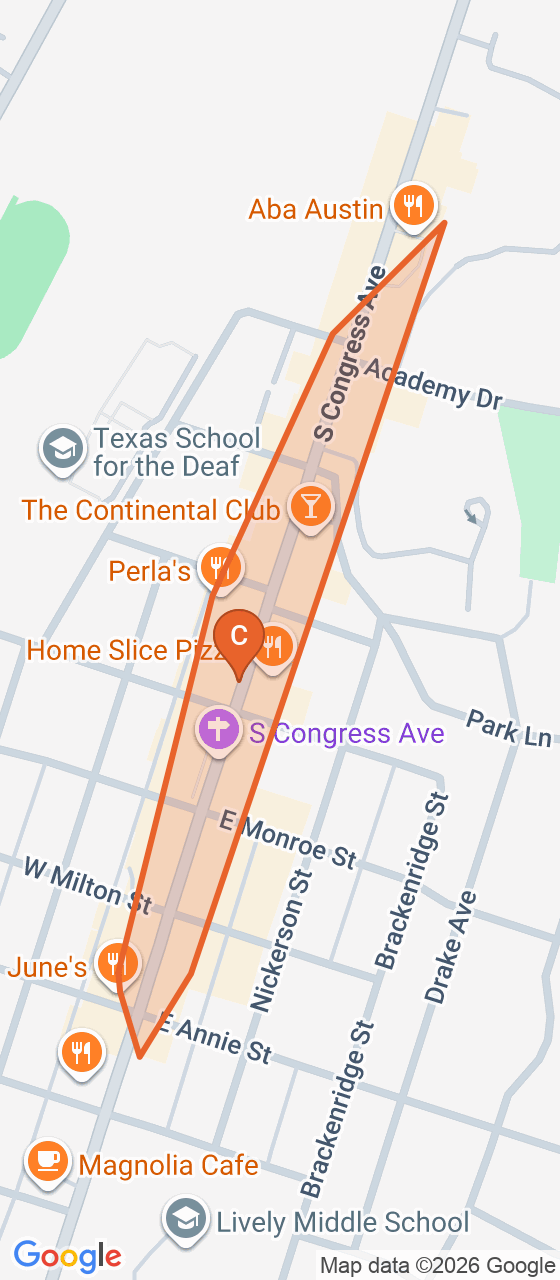 Map of the South Congress game zone in Austin