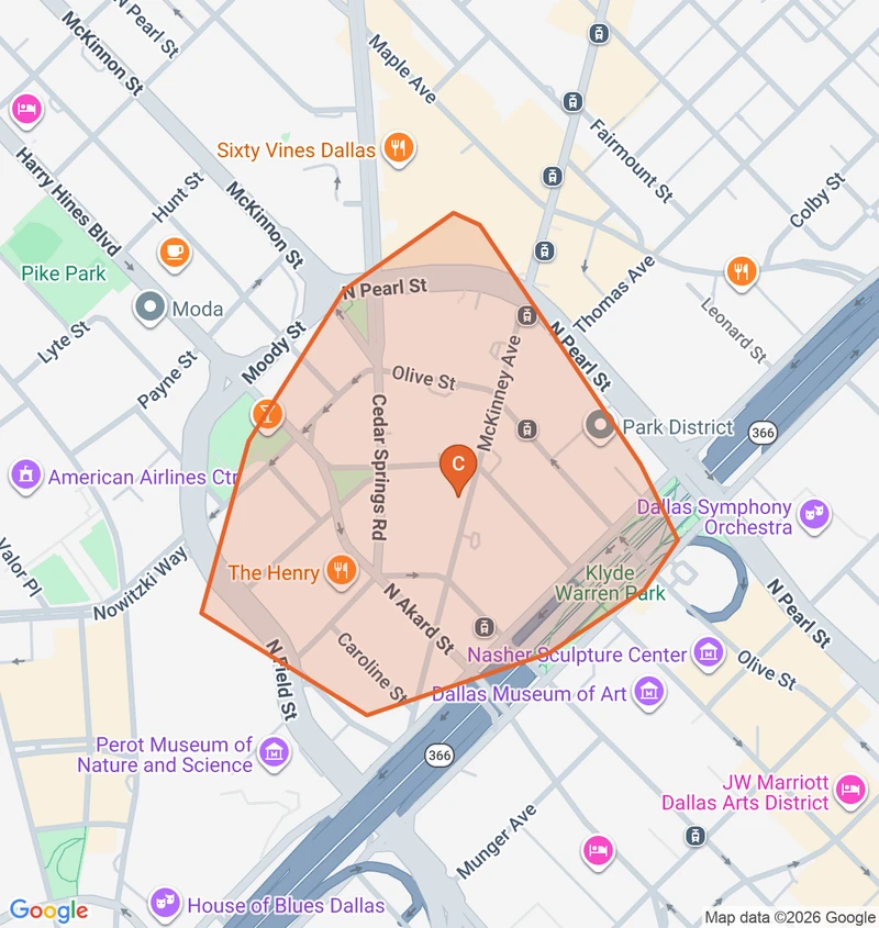 Map of the Uptown Dallas game zone in Dallas