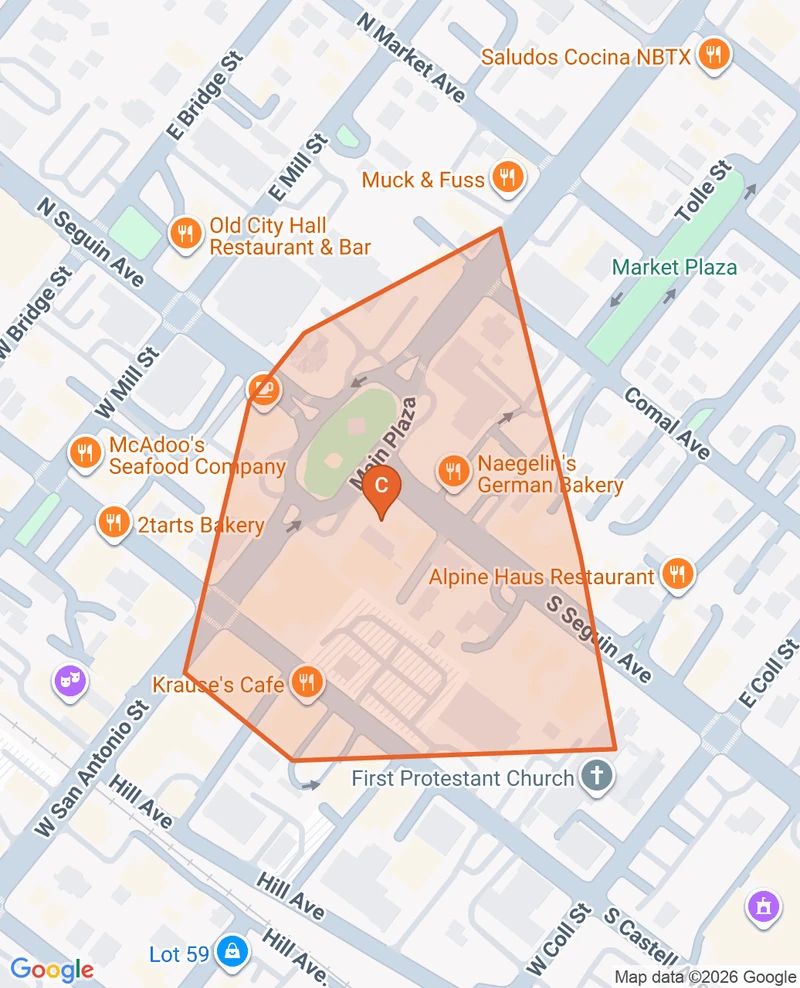 Map of the Downtown game zone in New Braunfels