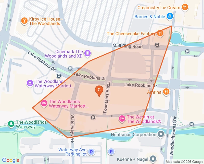 Map of the The Woodlands Waterway game zone in The Woodlands